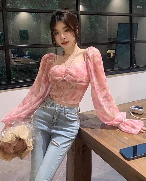 Blouses Femmes 2024 Blusas Mujer de Moda coréen doux licou chemisier femmes col en V manches évasées hauts Y2k fleur impression chemise chic