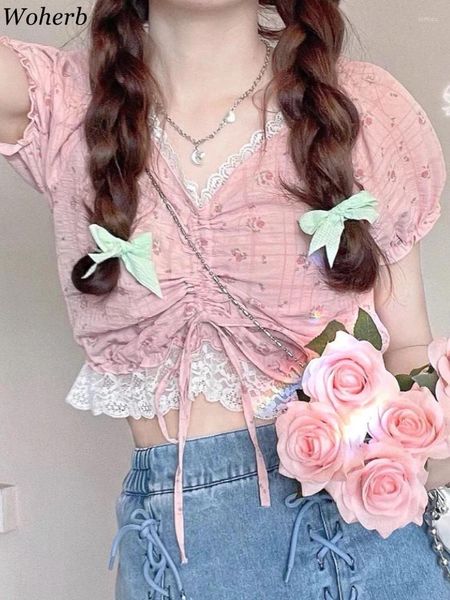 Blouses des femmes 2024 Blusas Mujer de Moda Sweet Summer Blouse For Women V Neck Puff Sleeve Patchwork Lace Shirts Imprimée à cordon Croping