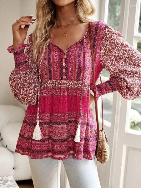 Blusas de mujer 2024 camisas sueltas bohemias para mujer diseño de botones de otoño borla con cuello en V estampado moda Simple Oficina señoras Casual