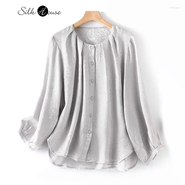 Blouses pour femmes 2024 Mulberry Silk Jacquard Satin Casual Nine Nine Quarter Gris Grey