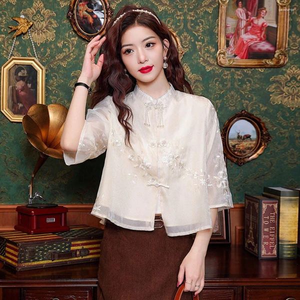 Blouses pour femmes 2024 Chinois Broidered Pan Button Shirt Spring Summer Stand Up Neck 3/4 Sleeve Loose Ladies Elegant Tops