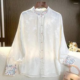Blouses pour femmes 2024 Chinois broderie blanche chemise vintage Zen Dish Backle Tang Suit Hanfu Top Blouse Women