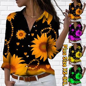 Women's Blouses 2024 Daily Street Sunflower Print Blouse Ladies V-Neck lange mouw mode mode knop tops herfst winter losse size shirt