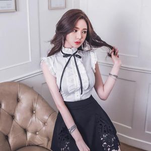 Women's Blouses 2024 Elegant Bow Tie Office Lady Wit Shirt Summer Butterfly Sleeve Dames Tops Fashion Ruffles Vrouw Chiffon Blouse B36