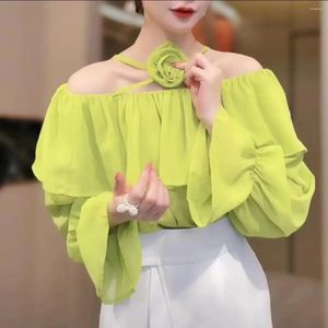 Women's Blouses 2024 Elegant shirt Solid Color Spring Sexy Off The Shoulder Lange mouwen Chiffon Flared Sleeve losse top E856