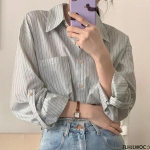 Blouses pour femmes 2024 Automne Automne Chemises à manches longues Boyfriend Design Casual Lâche Bouton simple boutonnage Rayure bleue Poche Tops Coton