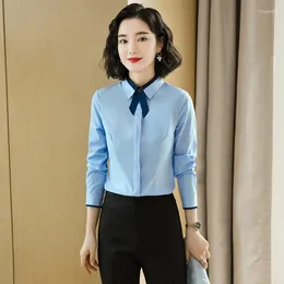 Blusas de mujer 2024 camisas azules de moda para mujer, pantalón de 2 piezas y conjunto superior, ropa de trabajo de manga larga para mujer de oficina