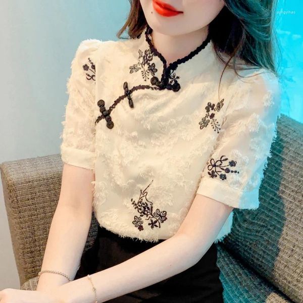 Blouses pour femmes 2024 Blouse à manches courtes de la mode et tops élégants chemises florales d'été Femmes Vintage coréen Sweet 26025