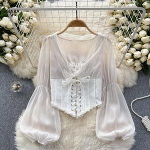 Blouses pour femmes 2024 Fashion Magnifique Lace Chiffon Patchwork Shirtwork Top Femmes Vo-Neck Puff Sleeves Slim Up Sweet Court Short