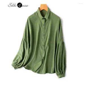 Blouses pour femmes 2024 Fashion Natural Mulberry Silk 04Crepe de Chine Small Square Noug Lantern Golas Olive Green Olive Green