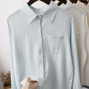 Blouses pour femmes 2024 Fashion Spring Summer Stripe Retro Shirt Femmes Long-manche mono-piste de poche décontractées