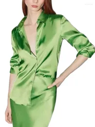 Damesblouses 2024 Mode Zomer Herfst Vrouwen Elegante Basic Shirts Met Lange Mouwen Vrouwelijke Vintage Groen Zacht Satijn Mooie Tops
