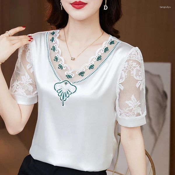 Blouses Femmes 2024 Mode Été Dentelle Broderie Blanc Élégant Satin Blouse À Manches Courtes En Soie Chemise Top Col En V Femmes Blusas 25733