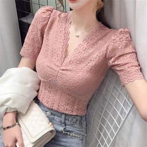 Women's Blouses 2024 Fashion V Neck Casual Blusa Mujer Koreaanse sexy kleding Slim Wit Black Hollow Summer Korte mouw Lace Tops vrouwen