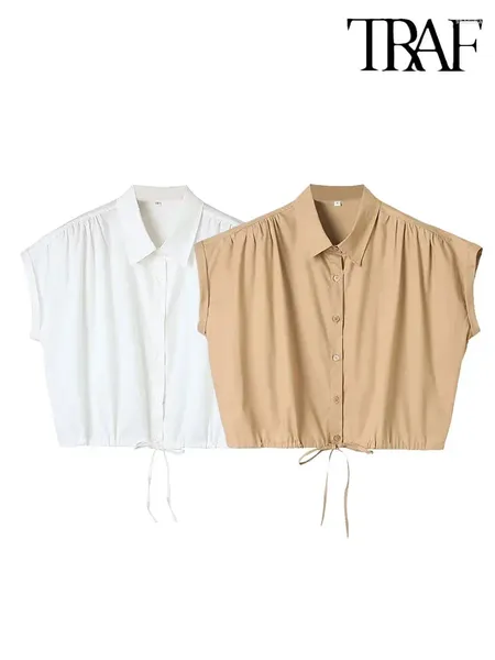 Chemisiers pour femmes 2024 mode femmes Blouse femme Chic sans manches blanc dessus de chemise dames simple boutonnage à lacets haut décontracté