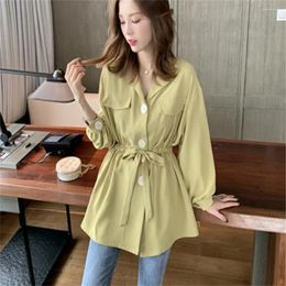 Blouses pour femmes 2024 Femmes coréennes Lacet Up Button Shirt Street Street Loose Love Long Sleeve Tops Spring Automne Fashion Blusa