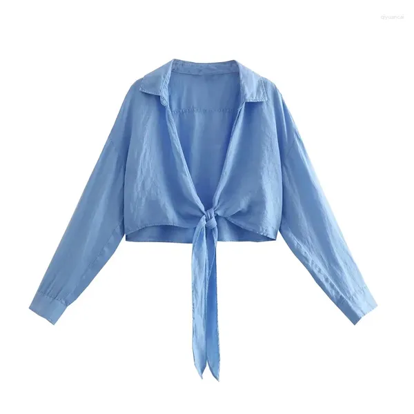 Blusas para mujeres 2024 Camisa corta de manga larga con encaje Pur Pure Blue Lapel sin botón Camisas de moda Trabajo casual