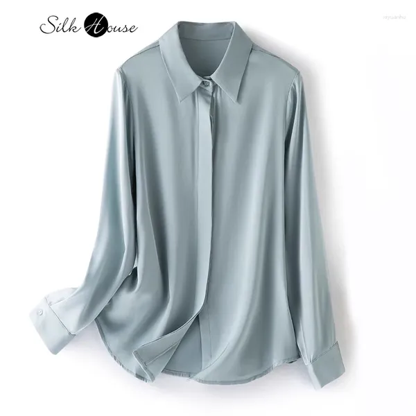 Blouses pour femmes 2024 Luxury 93% Natural Mulberry Silk Double Qiao Satin Solide Color Solid Tempérament à manches longues