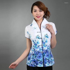 Blouses Femmes 2024 Oriental Femmes Tangzhuang Style Chemise Bleu Noir Imprimé Floral Manches Courtes Col Mandarin Tops Qipao Design Hanfu