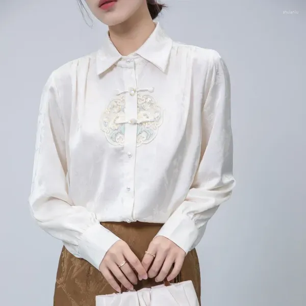 Blouses féminines 2024 Poplin Blouse d'été décontractée Tops de style chinois broderie