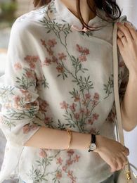 Blusas de mujer 2024, camisa de lino estampada de 9 mangas, camisas coreanas informales finas con cuello en V, camisas holgadas para mujer LuckBN M-3XL
