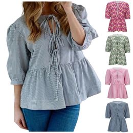 Blouses pour femmes 2024 à manches bouffantes Lacet Up Peplum Shirts Hollow Out Bow Tie Ruffle and Tops Summer Elegant Female Striped Imprided Shirt