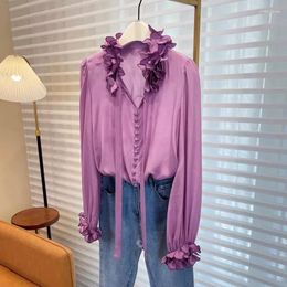 Blouses pour femmes 2024 Design de chemise violette 3D Fleurs Patchwork Lace-Up Blouse Solid Tops pour femmes à manches longues Spring French 43919