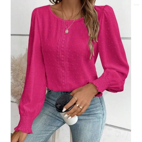 Chemisiers Femme 2024 col rond panneau en dentelle décontracté couleur unie chemise hauts Femme Rose rouge élégant pull OL Blouse Femme Blusas