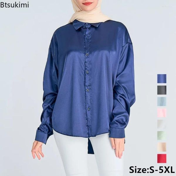 Blouses féminines 2024 Satin Shirt for Women Muslim Muslim lâche surdimensionné à manches longues en soie élégante bureau de vêtements Lady Ol Shirts