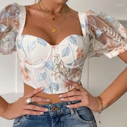 Damesblouses 2024 Sexy Kant Korte blouse met pofmouwen Op de rug Geborduurd Doorzichtig Mooie crop top Dames Vakantie Kust Blusas Overhemden