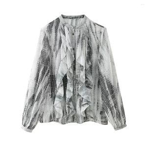 Damesblouses 2024 Shirtset 2 stuks Vintage Dierenprint Knop Ruches Blouse Dames Lange mouwen Tops Herfst Chic Shirts Rok