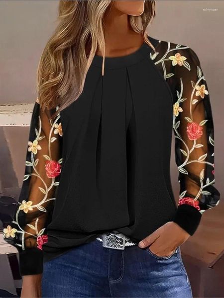 Chemisiers femme 2024 Chemise Printemps Manches Longues Bulle Mode O-cou Dentelle Patchwork Décontracté Noir Blusas De Verano Mujer