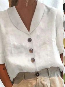 Chemisiers pour femmes 2024 chemise col montant bouton décontracté manches courtes coton lin dessus de couleur unie pour les femmes