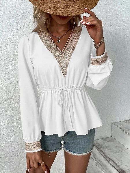 Blouses Femmes 2024 Solide Bloused Pour Femmes Automne Mode Col En V À Manches Longues Élégant Bureau Travail Dame Chemises Tops Casual Chemisier En Mousseline De Soie