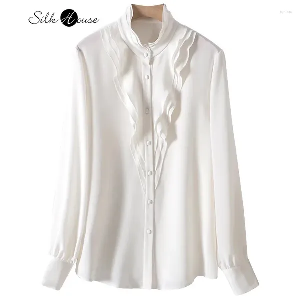 Blouses pour femmes 2024 printemps 28 mm poids lourd 93% Mulberry Silk Elastic Elastic Crepe French Franc Edge à manches longues