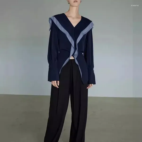 Chemisiers bleu marine à manches longues pour femmes, chemise française haut de gamme, Design de Niche rétro, Slim, printemps et été, 2024
