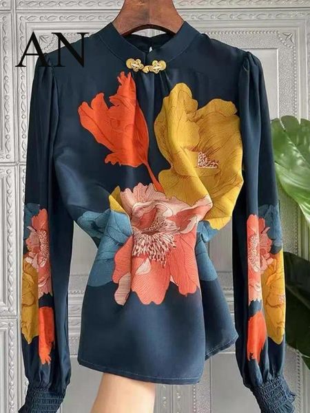 Blouses pour femmes 2024 Fashion Spring and Summer collier rétro imprimé à manches longues Mulberry Top Elegant Youth Woman Shirt