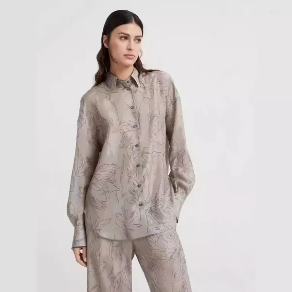 Blusas para mujeres 2024 Patrón de primavera y verano Lapa de seda Camisa de manga larga/mismo estilo pantalones para mujeres