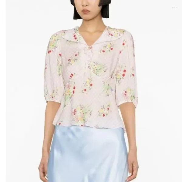 Blouses pour femmes 2024 printemps et été rose imprimé col en V revers manches bouffantes femmes chemise à bretelles