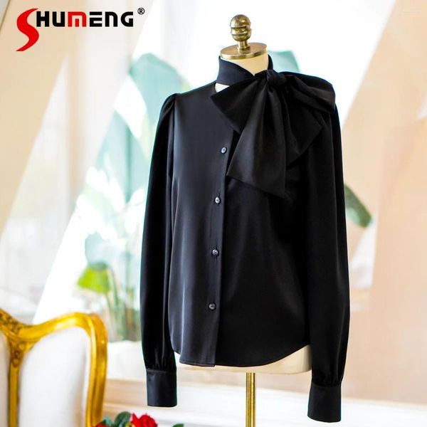 Blouses des femmes 2024 Spring and d'été Conception d'intérêt spécial Haut à manches longues Bow Silky Pendant Pending Lace-Up Business Shirt for Women