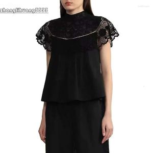 Blouses pour femmes 2024 Spring and Summer Style Malf Croltleneck Hollow Broidered Lace Splicing Sans manche sans manches