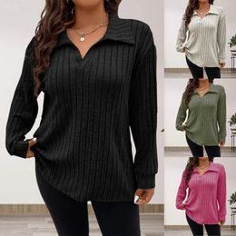 Damesblouses 2024 Lente Herfst Mode Dames Lange mouw Effen Kleur Geribbelde Blouse Sexy Laag uitgesneden V-hals Truien Tops Chic Casual