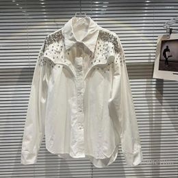 Chemisiers pour femmes 2024 printemps automne épaule robuste grosses particules strass perlé chemise à manches longues mode chemisier blanc hauts