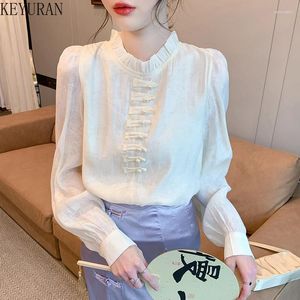 Blouses pour femmes 2024 Bureau d'automne printemps Tops vintage White Murffon Femmes Simple Chine