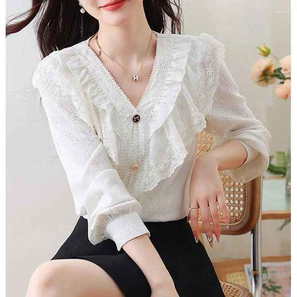 Blusas de mujer 2024 primavera otoño cuello con volantes malla de encaje blanco cuello en V blusa de mujer versión coreana de moda camisa Casual de manga larga