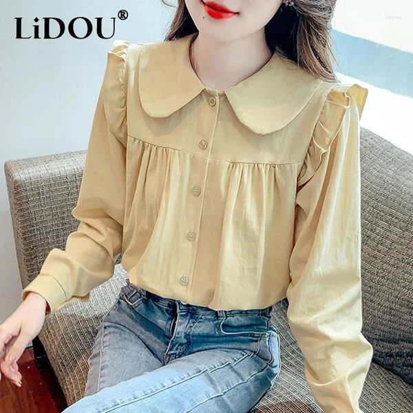 Blouses pour femmes 2024 Spring Autumn Couleur de mode solide Fashion Femme Femme Collière de poupée lâche Bouton Cardigan Trempt entièrement comestible