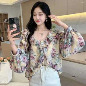 Blouses Femmes 2024 Printemps Automne Femmes Col V Plissé À Manches Longues Blouse Lâche Haute Qualité Doux Volants En Mousseline De Soie Chemise Florale