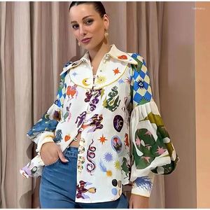 Women's Blouses 2024 Spring knop Down Lantern Sleeve Retro Style Basic Shirts Floral Printed Elegant Mujer Boho