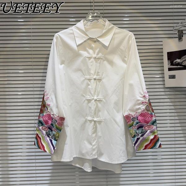 Blusas de mujer 2024 Primavera Estilo chino Puño Color Bordado Patrón Hebilla Diseño Camisa Blanco Todo a juego Tops Camisas para mujeres