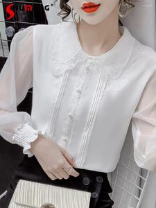 Damesblouses 2024 Lente Design Sense Schattige Pop Kraag Wit Overhemd Dames Zoete Elegante Lange Mouw Chiffon Blouse Top Kantoor Dame Blusas